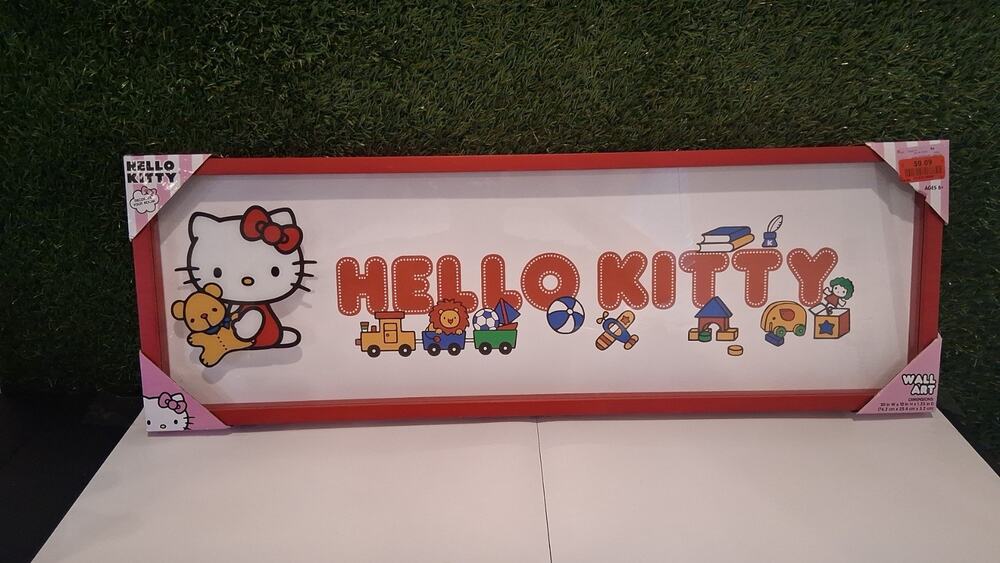 Sanrio Hello Kitty Framed Wall Art 30x10 Large Red Wooden Frame Glass Panel New